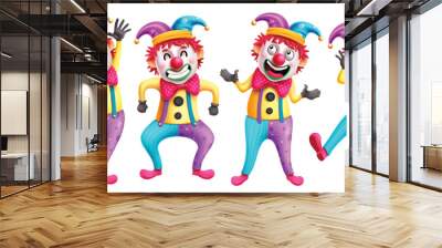 Clown birthday characters vector set design. Birthday clown, buffoon and mascot character in standing pose with happy, smiling and funny facial expression for joker comedian collection. Vector  Wall mural