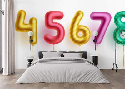 Colorful number balloons vector set. Birthday foil numbers balloon with colorful numeric count of 0 to 9 for birth day and event occasion celebration decoration design. Vector illustration.
 Wall mural