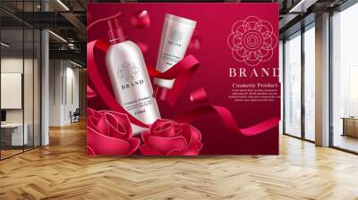 cosmetics product vector banner template. cosmetic products mock up in elegant background with bottl Wall mural