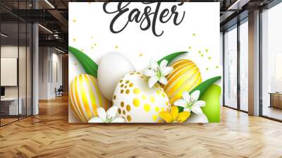 Easter greeting vector design. Happy easter typography text with 3d realistic flowers and eggs in gold pattern prints for seasonal holiday card decoration. Vector illustration.
 Wall mural