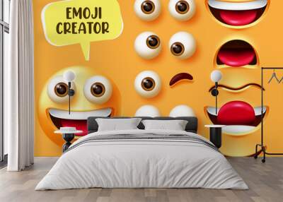 Emoji creator vector set design. Smiley 3d character kit with editable face elements like eyes and mouth for emojis facial expression creation design. Vector illustration
 Wall mural