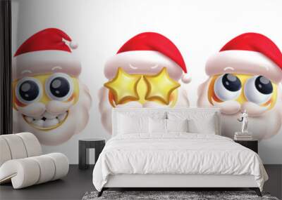 Emoji santa claus christmas characters vector set. Emojis emoticon xmas character in cool, smiling, amaze, funny, happy and cute face wearing red hat and sunglasses 3d elements collection. Vector  Wall mural