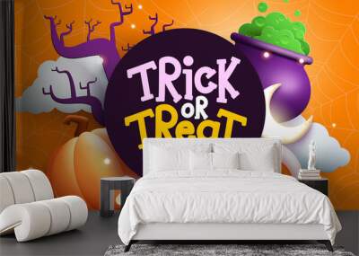 Halloween celebration vector concept design. Trick or treat text in circle template with halloween object elements for scary celebration messages. Vector illustration.
 Wall mural