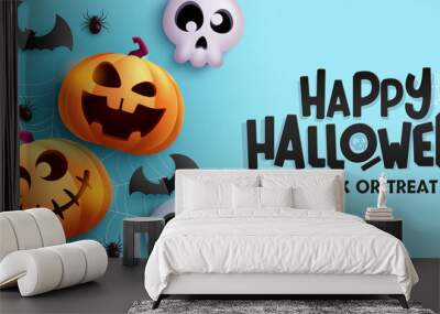 halloween greeting vector design. happy halloween text in blue space with pumpkin, skull and bat spo Wall mural