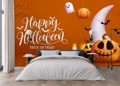 halloween party vector background design. happy halloween typography text with ghost and jack o lant Wall mural