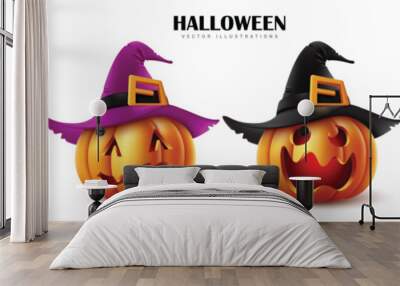 Halloween pumpkins set vector design. Halloween pumpkin lantern funny faces with witch black and purple hat isolated in white background for holiday spooky trick or treat collection . Vector  Wall mural