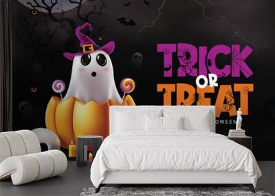 Halloween trick or treat text vector design. Trick or treat greeting card with ghost character sitting in curve pumpkin elements in dark night spooky background. Vector illustration kids party  Wall mural