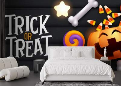 Halloween vector concept design. Trick or treat text with pumpkin basket full of candies and lollipop elements in wood background for halloween night celebration. Vector illustration.
 Wall mural