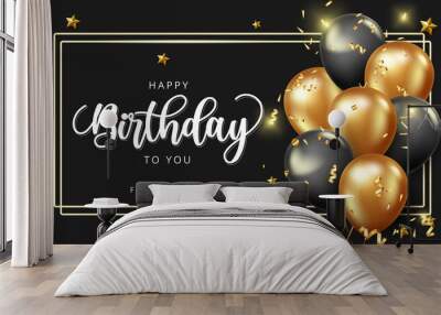 Happy birthday vector banner design. Happy birthday to you greeting text with golden balloons and confetti elements in elegant black background for celebrating birth day decoration. Wall mural