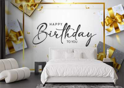 Happy birthday vector banner template. Happy birthday to you greeting text in gold frame empty space with gifts and confetti celebration elements for elegant birth day card design. Vector illustration Wall mural