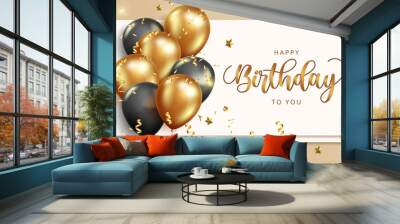 Happy birthday vector banner template. Happy birthday to you text in whiteboard space with balloons and confetti elements for elegant birth day greeting design. Vector illustration
 Wall mural