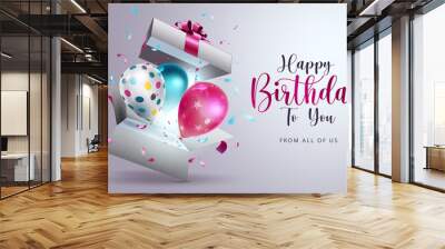 Happy birthday vector design. Happy birthday to you text with surprise element like balloons, gift and confetti  decoration for birth day celebration greeting card. Vector illustration
 Wall mural