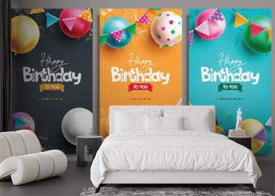 Happy birthday vector poster set design. Birthday greeting text with colorful balloons and pennants decoration elements for invitation card template collection. Vector illustration birthday greeting  Wall mural