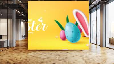 Happy easter text vector banner design. Happy easter greeting card with colorful eggs and bunny ears in yellow background for kids egg hunt celebration design. Vector illustration easter egg greeting  Wall mural