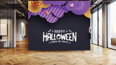 Happy halloween party greeting text vector banner design. Halloween trick or treat greeting with clouds paper cut, hanging  skull elements and pumpkins decoration. Vector illustration holiday season  Wall mural