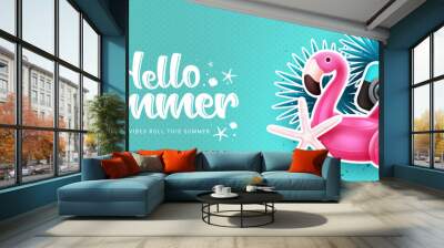 Hello summer vector design. Hello summer greeting text in empty space with beach elements in background. Vector illustration summer banner.
 Wall mural