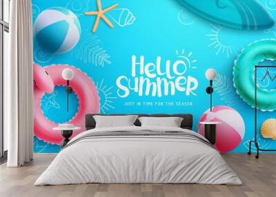 Hello summer vector design. Hello summer text with tropical elements like floater, beach ball and surf board. Vector illustration summer greeting background.
 Wall mural