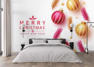 Merry christmas and happy new year greeting vector template design. Christmas greeting text card with red and yellow xmas balls, fir leaves, and stars elements for seasonal event. Vector illustration  Wall mural