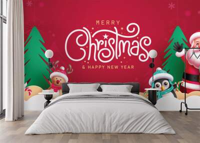 Merry christmas greetings vector banner design. Christmas greeting text with friendly santa claus, snowman, reindeer, penguin characters in paper cut clouds and pine tree elements red background.  Wall mural