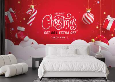 Merry christmas text sale vector banner design. Christmas sale promo discount offer with paper cut clouds and hanging xmas elements in red background. Vector illustration seasonal shopping promo.
 Wall mural