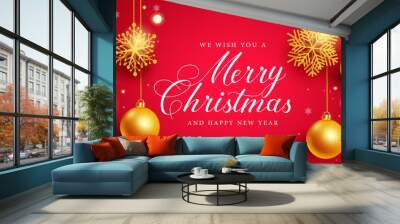 Merry christmas vector background design. Merry christmas greeting text with gold snowflakes and balls hanging element for xmas holiday decoration design. Vector illustration.
 Wall mural