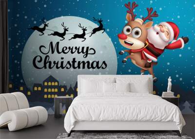 Merry christmas vector background design. Merry christmas text in moon element with santa claus riding reindeer character in the city for xmas holiday season greeting card. Vector illustration. Wall mural