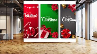 Merry christmas vector poster set. Merry christmas text with gift, candy cane, poinsettia and bell decoration element for xmas greeting card design. Vector illustration.
 Wall mural