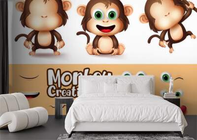 Monkey animals character creation vector set. Monkeys animal characters eyes and mouth editable create kit with different emotion and expression for wildlife cartoon design. Vector illustration Wall mural