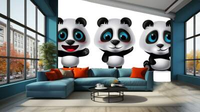 Panda animal characters vector set. Pandas bear character with cute expression in happy, blissful, thinking, sitting, shy, standing and joyful isolated in white background. Vector illustration.   Wall mural