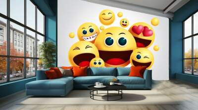 Smiley emoji group vector design. Emojis yellow smiley face of friends happy together with facial expression for friendship design in white background. Vector illustration. Wall mural