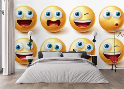 Smileys emoji face vector set. Smiley emoticon happy and naughty face collection isolated in white background for graphic design elements. Vector illustration.
 Wall mural