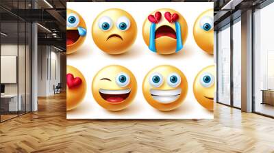 Smileys emoji vector set. Smiley emoticons graphic 3d design in funny, cute and sad broken hearted face emotions for emojis expression icon character collection. Vector illustration.
 Wall mural