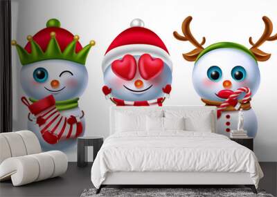 Snowman christmas characters vector set. Snow man cute character in inlove facial expression and eating candy cane gesture for 3d xmas winter collection element design. Vector illustration.
 Wall mural