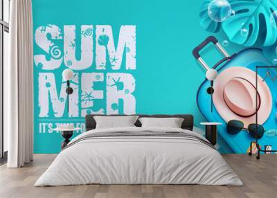 Summer adventure vector design. Summer time text with blue luggage and vacation elements in background. Vector illustration summer travel design.
 Wall mural