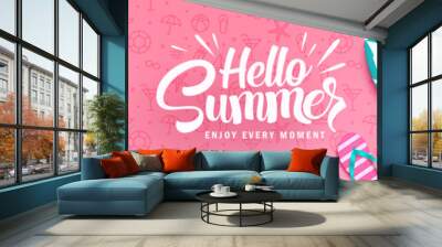 Summer banner background. Hello summer text with surfboard and floater beach element in pattern design. Vector illustration summer greeting design.
 Wall mural