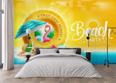 Summer beach party vector design. Beach party text in miniature island with floater, umbrella and flamingo elements for sunny tropical season fun event. Vector illustration.
 Wall mural