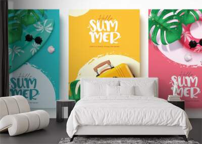 Summer hello text vector poster set. Hello summer greeting text with surfboard, luggage and floaters beach elements for tropical season promotion background. Vector illustration summer greeting design Wall mural