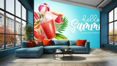 Summer season vector design. Hello summer text with fruit drink, watermelon and leaves refreshing elements for tropical season fresh nature coolers. Vector illustration.
 Wall mural