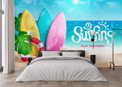 Summer surfing vector design. Surfing text in beach seashore background with surfboards element for relax and enjoy summer vacation activity. Vector illustration.
 Wall mural