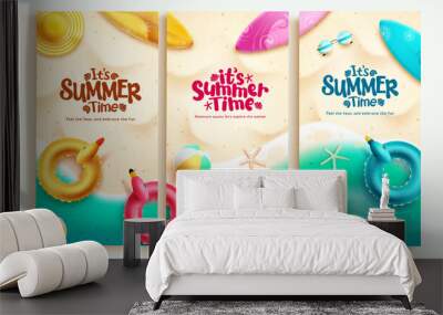 Summer time poster set vector design. It's summer time text in tropical outdoor beach sand background. Vector illustration banner lay out collection. Wall mural