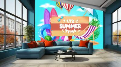 Summer time text vector design. It's summer time signage in wooden space with beach elements. Vector illustration holiday season template. Wall mural