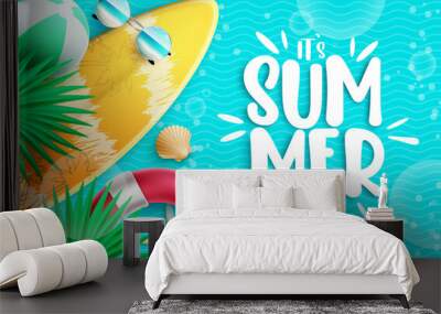 Summer time vector design. It's summer time typography text in sea water background with elements of surfboard, lifebuoy and leaves for relax tropical season. Vector illustration.
 Wall mural