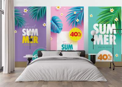 Summer tropical sale vector poster set. Summer tropical special offer text with palm and monstera leaf elements for seasonal shopping flyers collection. Vector illustration summer template. Wall mural