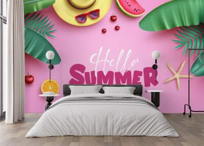 Summer vector background design. Hello summer greeting text in pink space with plant leaves and tropical object elements for holiday season nature flat lay decoration. Vector illustration.
 Wall mural