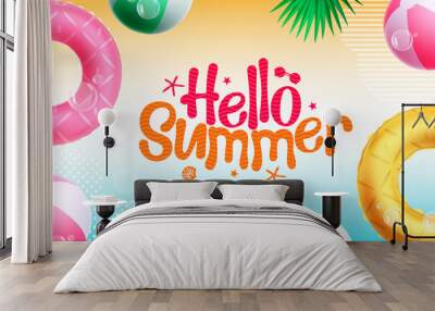 Summer vector background design. Hello summer text in colorful gradient background with floaters, beach ball and leaves elements for sunny tropical season. Vector illustration.
 Wall mural