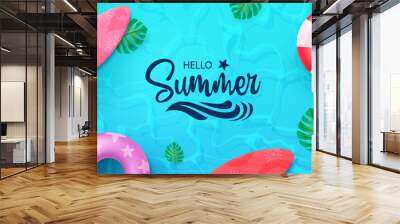 Summer vector background design. Hello summer text in swimming pool water with beach elements. Vector illustration tropical season greeting background.
 Wall mural