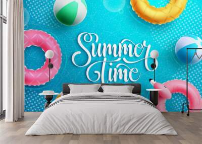 Summer vector background design. It's summer time typography text in water element with floaters and beach ball objects for relax tropical season vacation holidays. Vector illustration.
 Wall mural