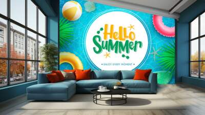 Summer vector template design. Hello summer greeting text in circle space with leaves and floaters in water background for fun and relax messages. Vector illustration.
 Wall mural