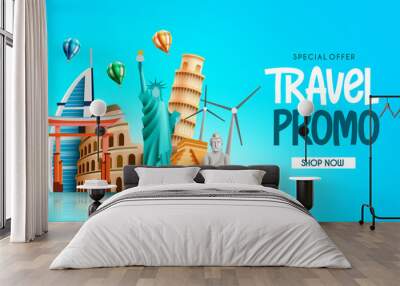 Travel promo vector design. Travel promo special offer text with worldwide destination landmarks for tourist vacation travel and visit. Vector illustration.
 Wall mural