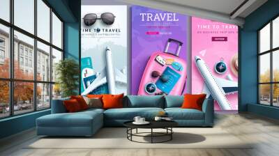 Travel promo vector poster set design. Time to travel text collection with special business trip offer for travelling price discount sale. Vector illustration.
 Wall mural